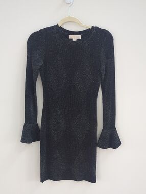 Metallic Black Long Sleeve Ruffle Cuff Dress